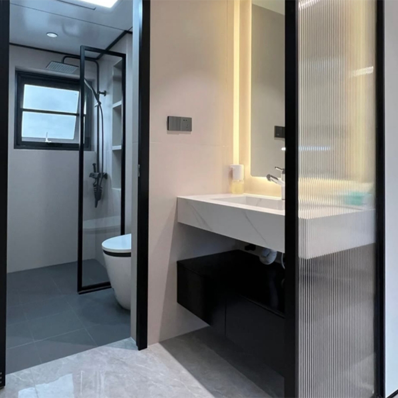 How to design the wooden parts of an aluminum frame glass wooden bathroom to match the overall style of the space?