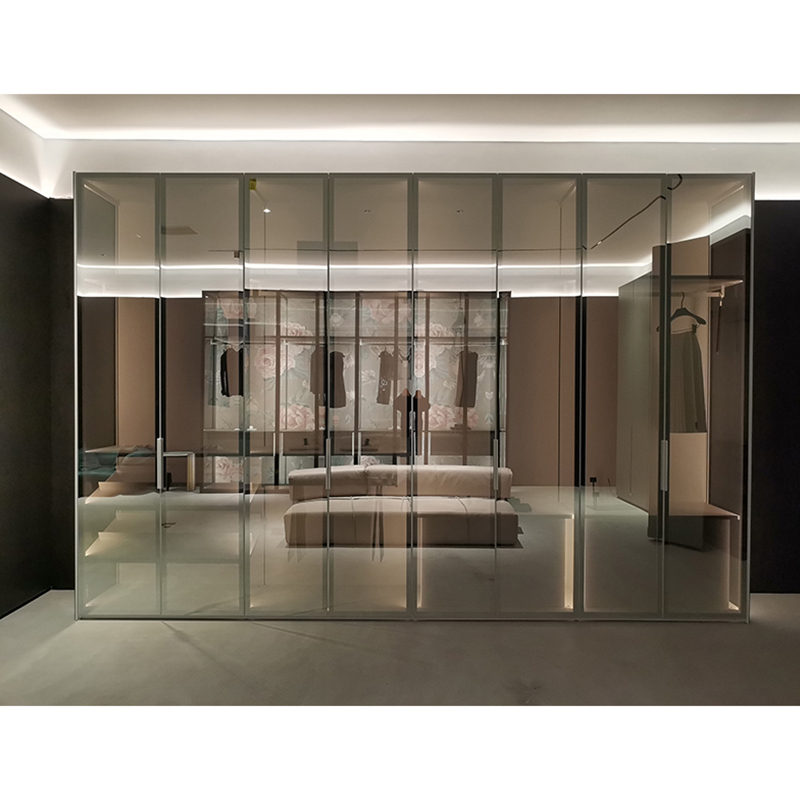 How to achieve a balance between practical storage and spatial aesthetics in an aluminum frame glass wood wardrobe cabinet?